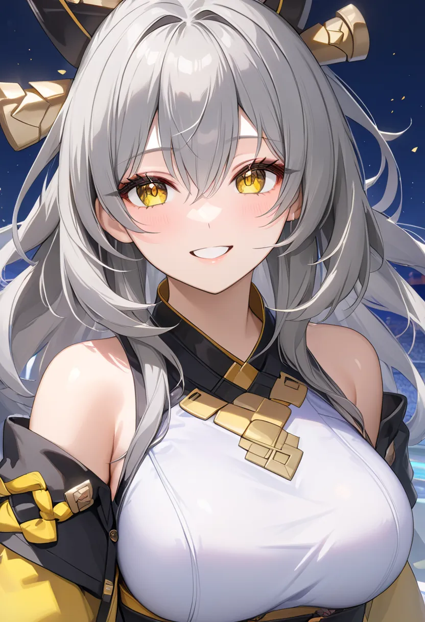 1 girl , solo, long gray hair, yellow eyes, xing costume, large breasts, >, (a cute smile that makes the viewer happy, highly de...