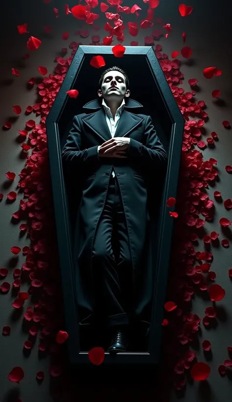  Angle from directly above、Jet black coffin 、luxury coffin 、 Count Dracula is sleeping in the coffin、Jet Black Outfit、Join hands、White Face、 red petals fluttering 、Petals dancing in the air 、Petals fall on the costume 、cowboy shot、Dim lighting