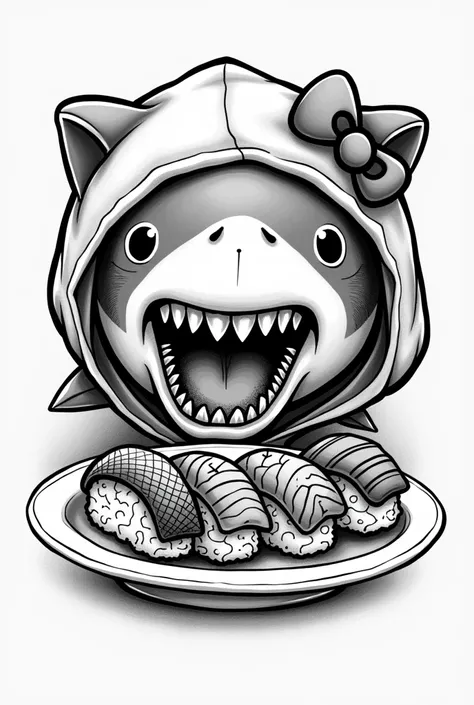 Generate a sketch of a tattoo heavily based on the old school style with a shark head that is wearing a pajama hood inspired by hello kitty who eats sushi 