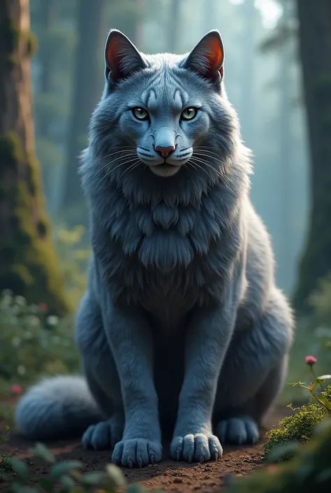 IMAGE REALISTE: un mâle chat RÉALISTE de taille adulte au pelage gris bleu magnifique et aux yeux gris comme la pierre qui se tient lair imposant et menaçant dans une belle forêt