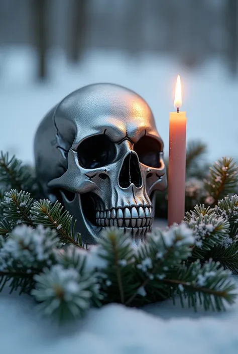 Silver skull with candle on advent wreath for 1. Advent in the snow  