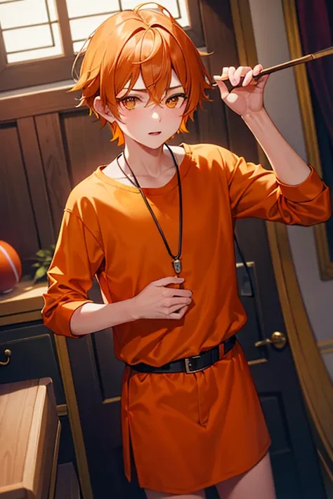 teenage boy wearing tunic and orange sports inner, (beautiful detail eyes), ((best quality)), ((masterpiece))