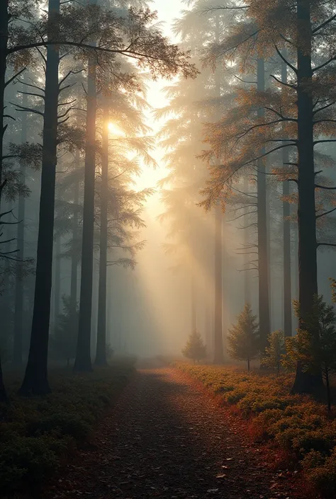  A mixed German forest in autumn, heavy fog. the sun rises. No way ,  no road 