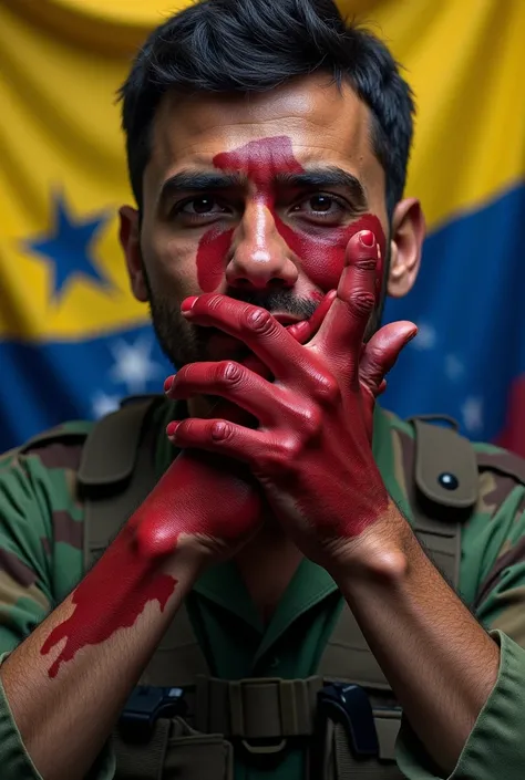  Creates an image of a Venezuelan soldier , with the mark of a hand painted red on his face and showing his hands with blood,  In the background the Venezuelan flag  