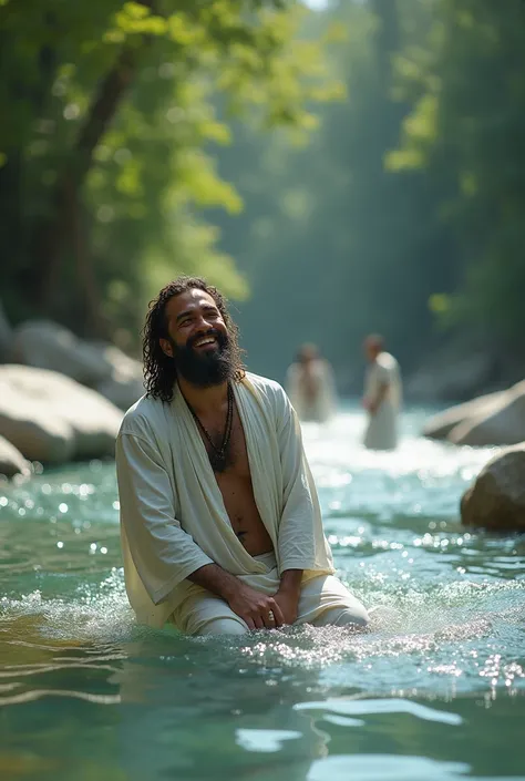  a crystal clear river with white rocks, near a lush green forest , a dirty man on the riverbank ,The same man inside the river , renewed ,smiling,with white clothes,And the Holy Spirit flying above him.