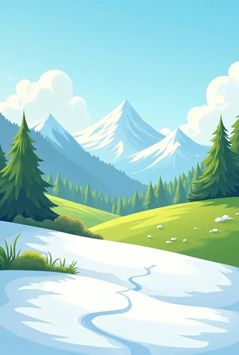 The background. on the terrain,  the landscape is divided into two distinct parts :  an area covered by pure, bright snow and another with a verdant field, WITH LAWN . The transitions between the areas are smooth ,  suggesting a harmonious contrast between...