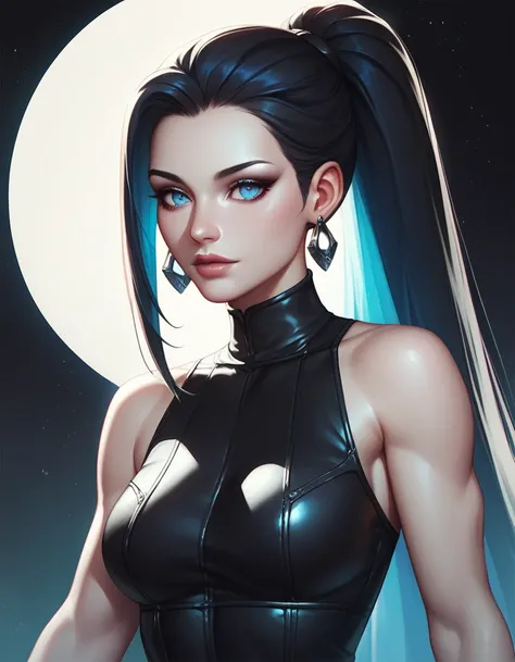 female sleeveless black leather turtleneck, bare shoulders, racerback, bare toned arms, beautiful faces, black ponytail with showing forehead, long ponytail, black earrings, soft smooth skin, pale skin, black background, blue eyes, sci-fi, high contrast, a...