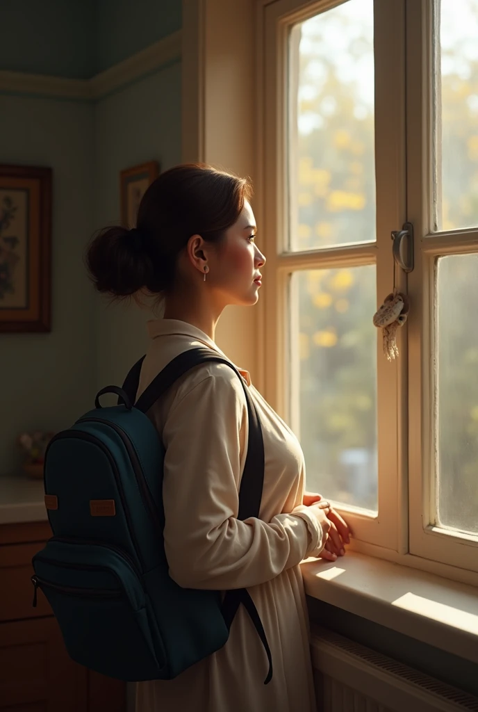 A mother gazing out of a window, holding her sons school bag with a hopeful expression.
