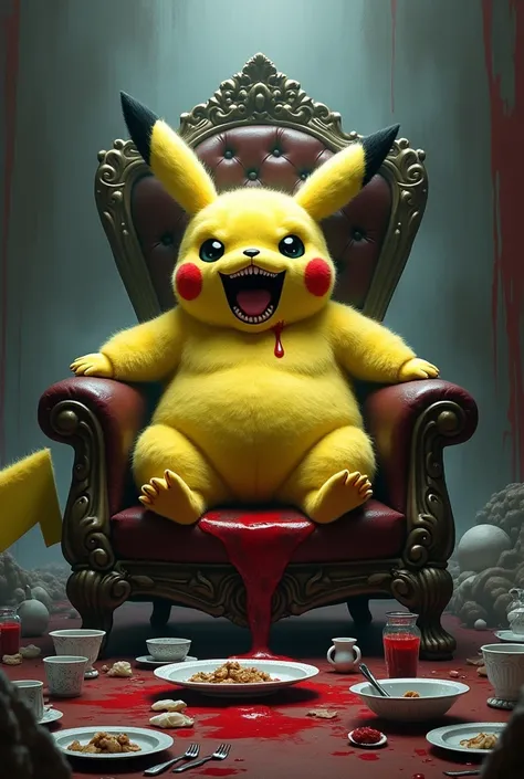 whole body、Vision、 Fat Pikachu lying on the throne 、 a lot of empty tableware is piled up high around、Tableware is full of food scraps 、 open black eyes without any light、、 big mouth with jagged teeth 、 front、evil、 no eye highlights 、black light from all o...