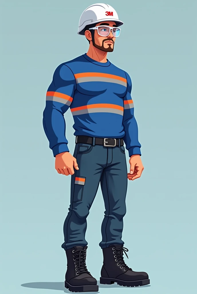 CREATE A MAN IN THE SHAPE OF A CARTOON ,  WITH A LONG SLEEVE SHIRT IN THE COLOR ROYAL BLUE WITH HORIZONTAL REFLECTIVE STRIPE IN ORANGE AND GRAY,  WITH DARK JEANS WITH REFLECTIVE STRIPE IN THE MIDDLE OF THE SHIN , WEARING BLACK SAFETY BOOTS WITH LACES,  WEA...