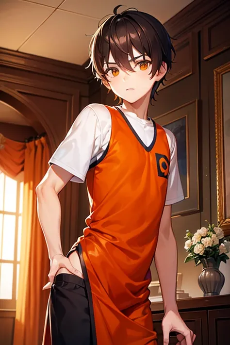 teenage boy wearing tunic and orange sports inner, (beautiful detail eyes), ((best quality)), ((masterpiece))