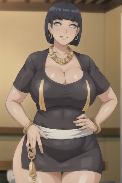 hinata hyuuga,big breast,cleavage,gold chain necklace,gold hoopa bracelet,((gold bar earring)),long nail,skindentation,wedding r...