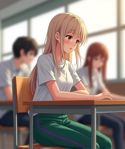  A 17-year-old anime lady , anime To love ru,  soft lighting ,  She is sitting at her desk at the end of the classroom on the third floor of a white school with a wooden floor in the city of Tokyo, with students around her , During the afternoon,  measures...