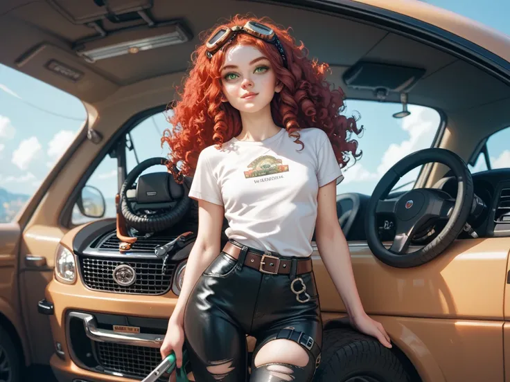 1girl, white woman, long frizzy red hair, freckles, green eyes, thin build, thin hips, white t shirt, small breasts, black torn leather pants, Goggles on forehead, toolbelt around thigh, fixing vehicle with tools