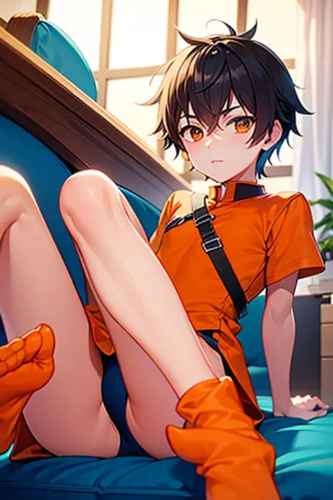 teenage boy wearing tunic and orange spats, (beautiful detail eyes), ((best quality)), ((masterpiece))