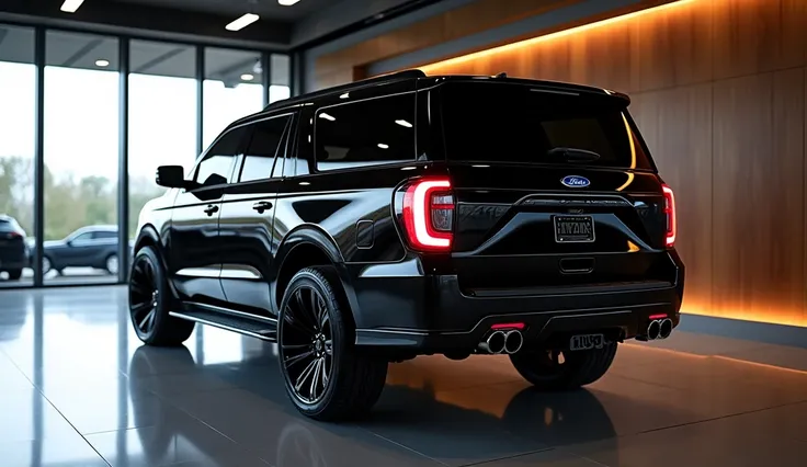 "Create an image of a 2025 Ford Excursion in a sleek black color, focusing entirely on the rear view. The design should emphasize its bold and robust styling, with sharp LED taillights, a wide sculpted bumper, and dual exhausts. The glossy black finish sho...