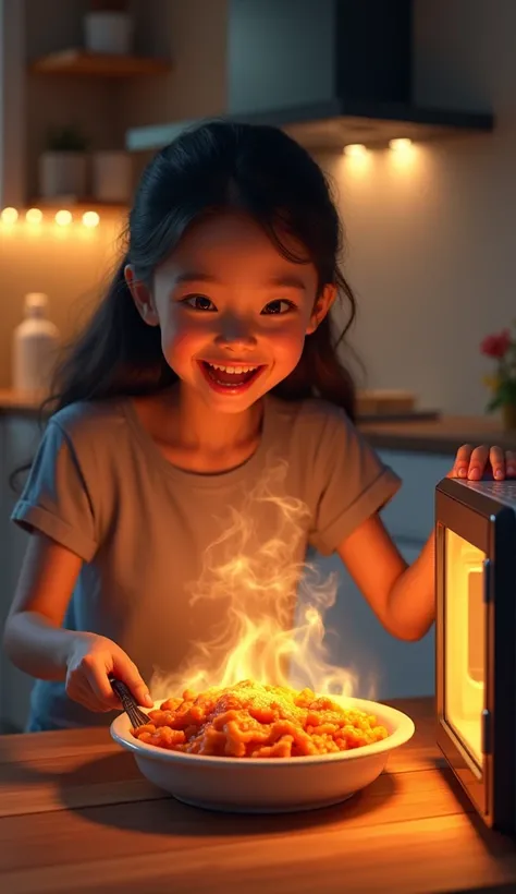 A person pulling a steaming hot meal out of the microwave, smiling, and setting it on the table. The focus is on the warmth and convenience.