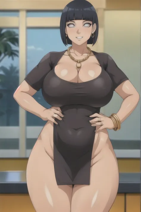 Hinata hyuuga,Big breast,Cleavage,Gold chain necklace,Gold hoopa bracelet,((Gold bar earring)),Long nail,Skindentation,Wedding ring,ear visible,SHORT SLEEVE thin black dress,Solo,1girl,Detailed hand,Standing,((Body facing front)),Visible nape,Glossy lips,W...