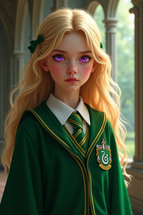 A bright, cute girl wearing a Slytherin magic school uniform with blonde, long blonde hair. Purple-black eyes