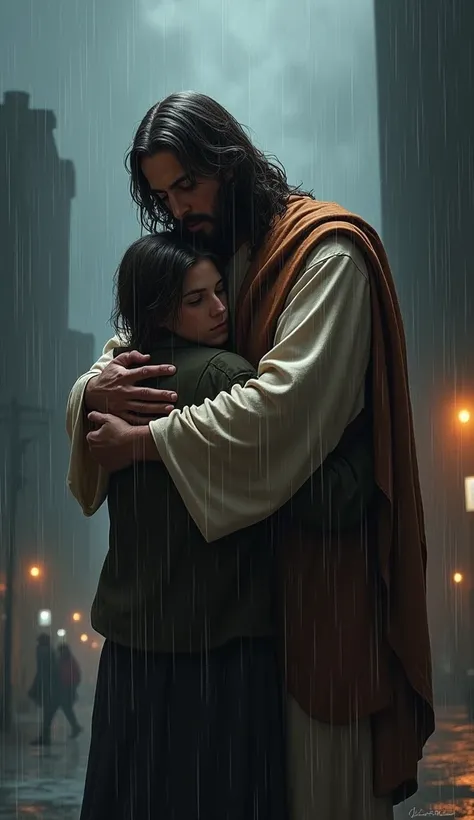 Jesus Christ protecting a  from the rain,  using their own body 