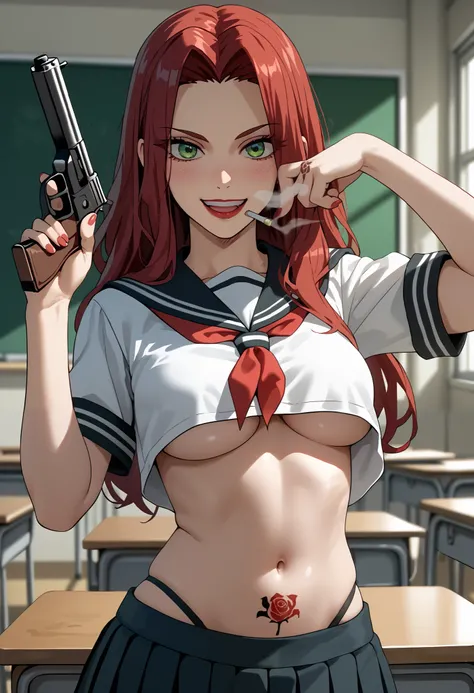 red hair, green eyes, Malty, long hair, anime girl, blush, lipstick, Hot girl, baddie,, bad attitude, mean girl, smoking, sensual, attractive, masterpiece, best quality, highly detailed, a anime girls in sailor uniforms with a gun posing for a picture,
evi...