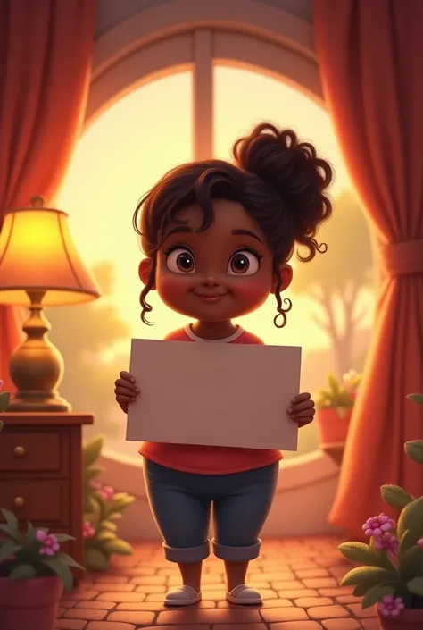 A cute, chubby brown-skinned woman standing in front, illuminated by the light of a lamp, against the pixar-style backdrop holding a blank sign