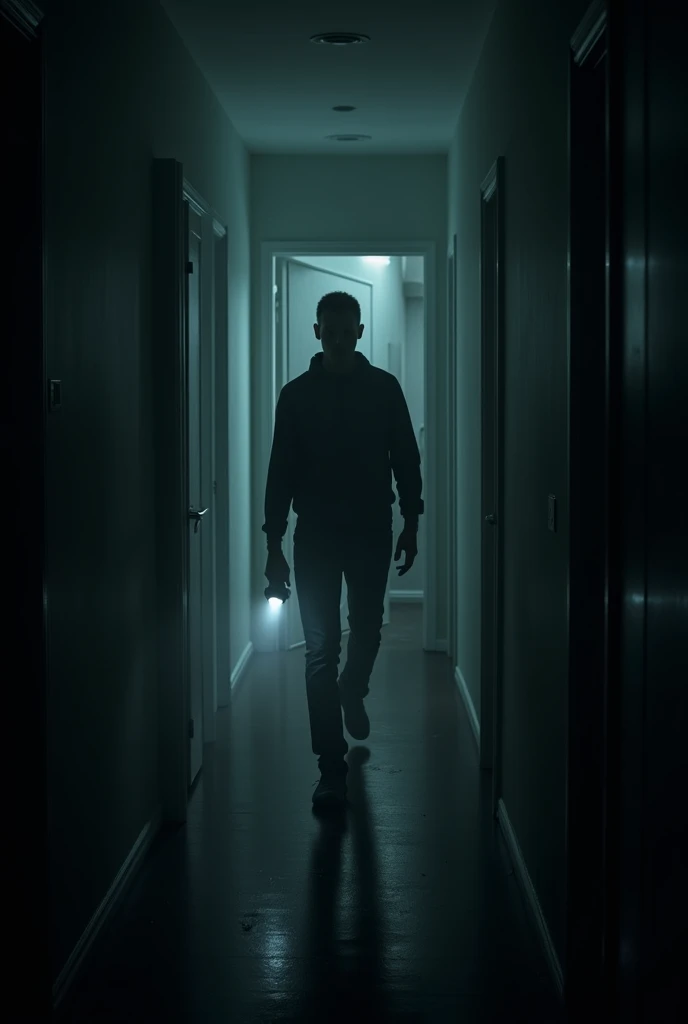 Second Picture: "David is walking up a dark hallway, flashlight in hand. The air seems colder, and the hallway is silent. As he approaches his bedroom door, it’s slightly ajar. The hallway is shrouded in shadows, and a faint, ominous chill permeates the sc...