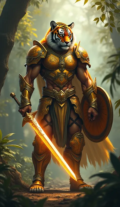 Here’s the detailed prompt for generating a hybrid of a tiger and a warrior:

"Create a powerful tiger warrior hybrid. The character has the muscular body of a human and the head and striped fur of a tiger. It wears golden armor with intricate designs, inc...