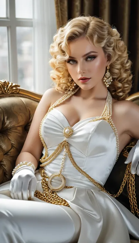 beautiful young woman reclining on the sofa, behance. polished, white satin gloves, short golden curls, pearls and gold chains, Catherine, sony a 7 r, blonde curly hair, as a thief, bride, Ivan Shiskin, inspired by Richard Randolph Rubinstein