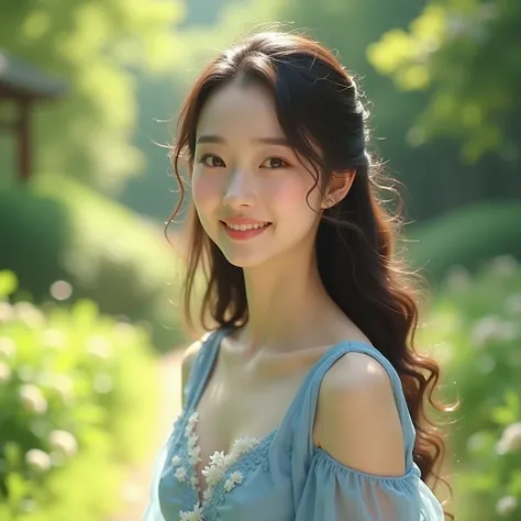 1girl, elegant walk in a garden, smiling, pale skin, detailed realistic beautiful woman, soft blue dress, slightly floral neckline, long curly hair, (((shiny skin))), (((1 girl))), detailed face, beautiful eyes, beautiful lips, extremely detailed face and ...