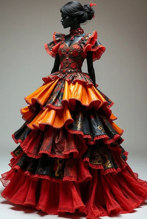 A anime dress look voluminous ruffles gown made from recycled materials with a lava-inspired color scheme:

Plastic Bags: The base fabric of the dress is made from fused red, yellow, and black plastic bags, creating a sturdy and flexible material.
Old Clot...