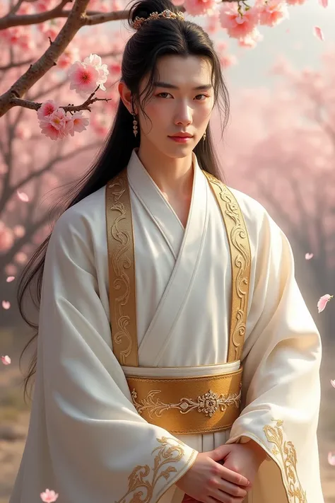 Hyper realistic potrait picture of a 21 years old young man in a flowing gold patterned white hanfu, expensive, intricate. Regal, Handsome, long black hair, kind, looks like crown prince Xie Lian from heaven Officials Blessing. Photo should show down to hi...