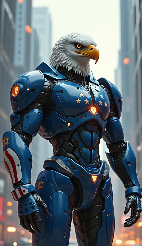 United States (Bald Eagle)
Qahramon: Bald eaglega oxshash boshli,  very strong and muscular man .  in futuristic armour dress ,  in metallic blue and white ,  with stars and stripes .
Flag : Flag  ozining ikonik yulduzlari va chiziqlarini korsatadi.
Surrou...