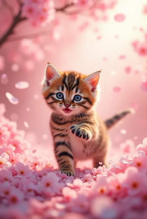 Cherry blossom petal tornado 、 The cutest brown tiger pattern kitten in the world dancing in the center of the tornado、((Realistic:1.3))、Torrent of Light