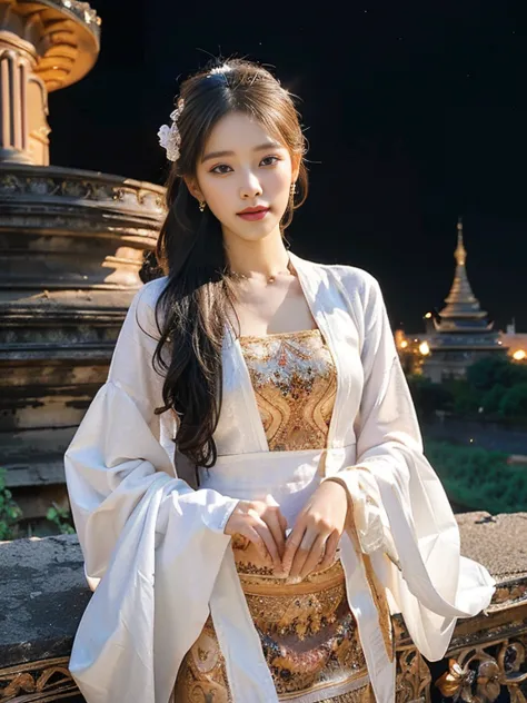 a solo beautiful princess, elegant, detailed, pretty, (rubenesque), (royal palace background), (night sky), myanmar traditional ...