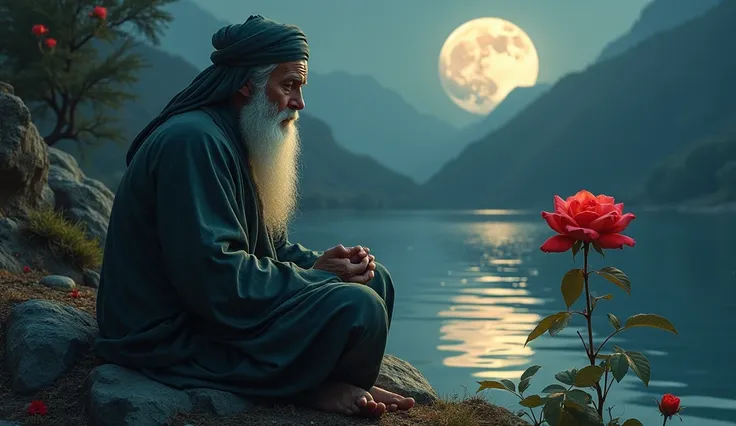 Syekh Jumadil Kubro in deep contemplation, with a blooming rose symbolizing Rumi’s question about the essence of “Gaf” and “Lam.” Behind him, a serene lake mirrors the full moon, blending the concepts of light, reflection, and divine truth. The image evoke...