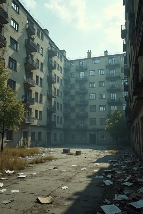  A square in a German city surrounded by apartment buildings from the sixties, The appearance is decadent ,  the buildings are abandoned and only some of the houses are inhabited ,  the square is paved and there are some games is ,  the environment is deca...