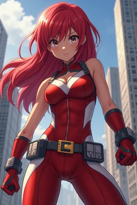  My Hero Academia Style ,   anime girl , woman, young woman ,  full body shot ,( Fighting Stance :1.3),Long Hair, Red Hair,   Brown Eyes , hero suit, Full Body Suit,  red suit with white details, perfect anatomy,  enhanced abs , super detailed,(building:1....