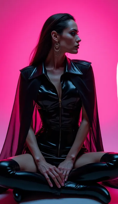 angelina jolie vue de coté droit, assise sur fauteuil latex rose fluo jambes écartées avec mains entre les jambes latex, brillant, futuriste, chemise latex t-shirt latex marron rouge foncé, col roulé latex marron rouge foncé, t-shirt zippé latex marron rou...