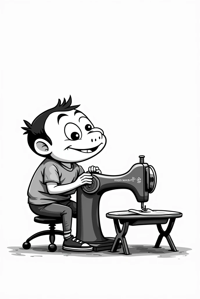 Albert Antaing sewing on cartoon networks style sewing machine in black and white
