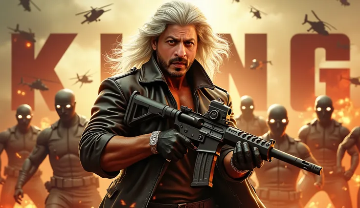 An action-packed cinematic poster featuring Shah Rukh Khan with long white hair, wearing a leather jacket, holding a weapon in an intense pose. The backdrop showcases a war-torn city with fiery explosions, helicopters flying, and dramatic lighting. 10 shar...