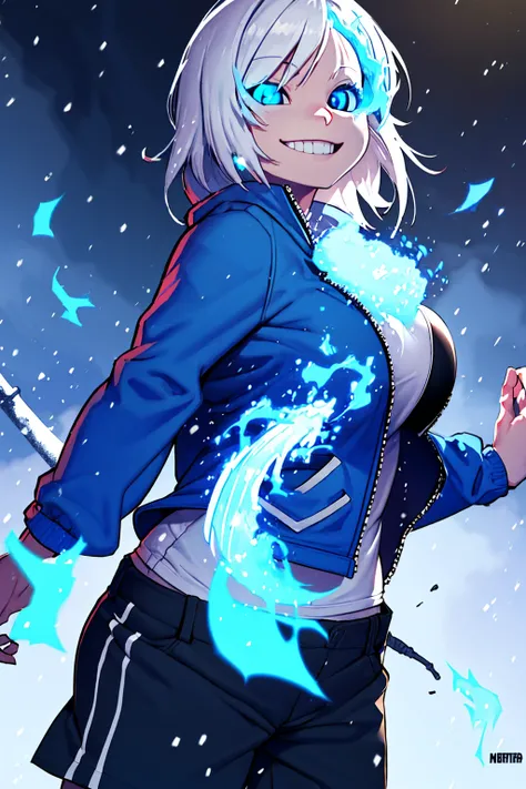 Toby Fox Undertale Sans Blue Jacket White Shirt ,Blue fire eyes smile white short hair dragon bone cannon standing in snow town Femininefull big breast breast enlargement full-body shot looking at lens illustration, ultra-detailed, HDR, vibrant colors, sof...