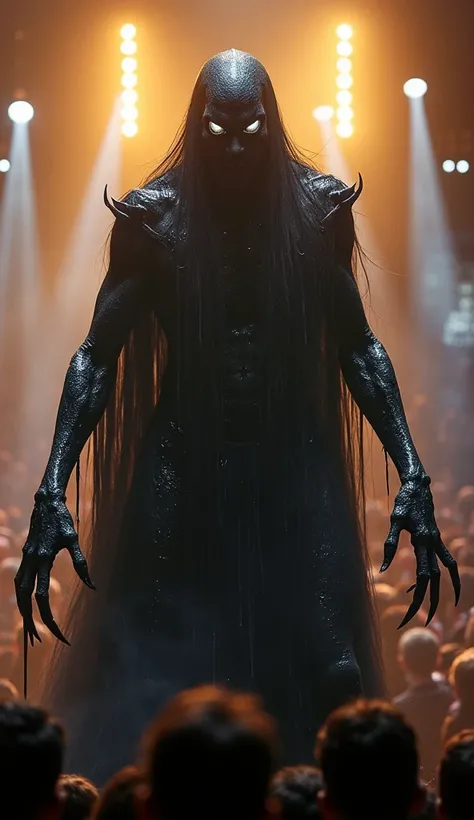 In the center of a stage illuminated by gold and white lights and surrounded by an audience of got talents, a human figure appears, transformed into a terrifying being enveloped in liquid darkness. Its skin appears to drip with a black, shiny substance tha...