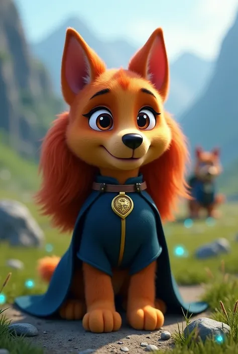 Create an anthropomorphic puppy character inspired by Merida from Disney, designed in the style of PAW Patrol. The puppy should be um Pastor de Shetland,  with thick, red coat ,  reflecting the wild and independent spirit of Merida .  She must wear a dark ...