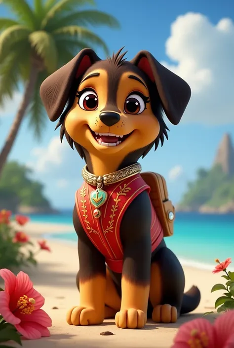 Create an anthropomorphic puppy character inspired by Moana from Disney, designed in the style of PAW Patrol. The puppy should be um Boiadeiro Australiano (Australian Kelpie),  with dark brown fur and gold details that evoke the warmth of the Pacific Islan...