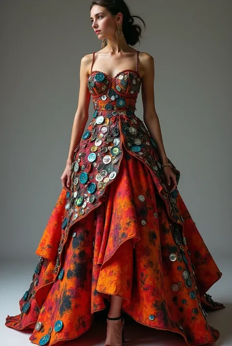 dress made from recycled materials with a lava-inspired color scheme:

Plastic Bags: The base fabric of the dress is made from fused red, yellow, and black plastic bags, creating a sturdy and flexible material.
Old Clothes: Strips and patches from old T-sh...