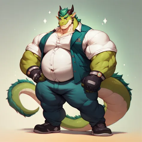 a big giant furry green dragon with musclegut tall body and big fat belly using vest suit with white shirt on it, black gloves, and pants. full body, standing still, solo, very big, very tall, very muscular, very fat.