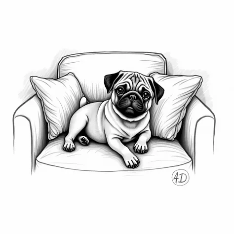 Black & white hand-drawn sketch style T-shirt design of a young, cute looking small pug (dog), lying stretched out sideways on some sofa cushions, head slightly tilted, looking directly at the camera, with his mouth nearly closed, with a medium aspect rati...