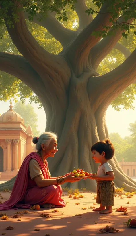 A wide-angle view of the elderly woman sitting with ren under a large banyan tree, sharing fruits and smiles. The tree’s shade creates a serene, peaceful setting, symbolizing community and happiness. Sunlight filters through the leaves, giving the scene a ...