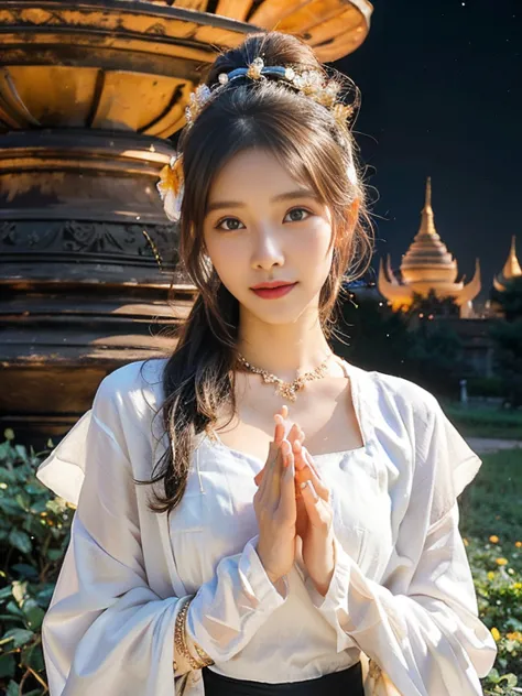 a solo beautiful princess, elegant, detailed, pretty, (rubenesque), (bagan pagoda background), (night sky), full moon, myanmar t...